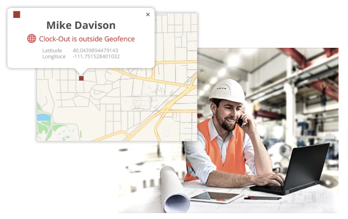 WorkMax location alert flagging an employee's clock-out as outside the assigned geofence