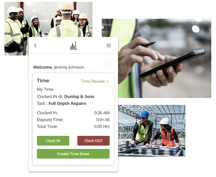 Construction crew on a jobsite next to the WorkMax mobile clock-in screen showing job site and task