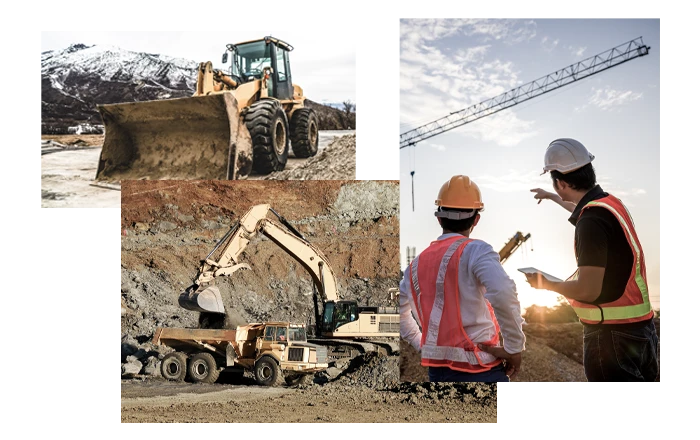 Construction equipment and crew on a remote jobsite where WorkMax offline time tracking keeps working without connectivity