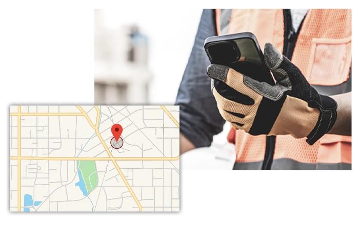 Construction worker clocking in on a mobile device with GPS location pinned on a jobsite map