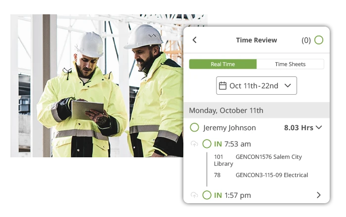 Construction supervisors reviewing real-time employee clock-in records in the WorkMax app